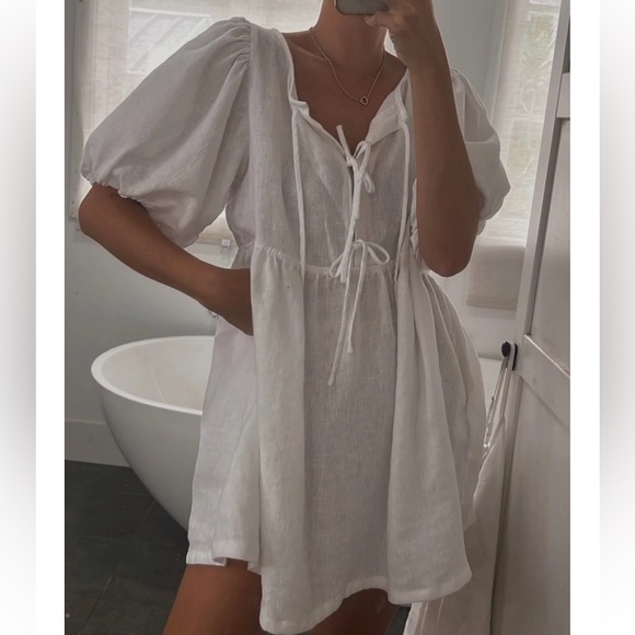Marlow & Mae Markets Tie Puff Sleeve Linen Babydoll Mini Dress AU XXS US 0-2 NEW - Picture 2 of 10